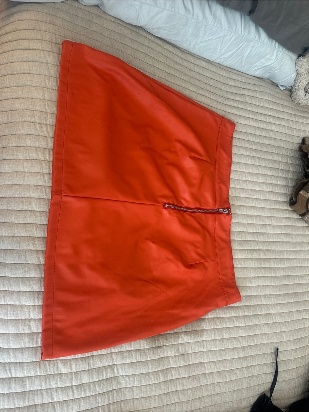 High-Rise orange Faux-Leather Mini Skirt with Front Slit